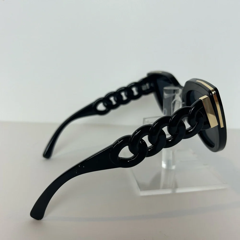 Sunglasses Women's Black With Round Link Design Gold Trim Oversized Cat Eye NEW